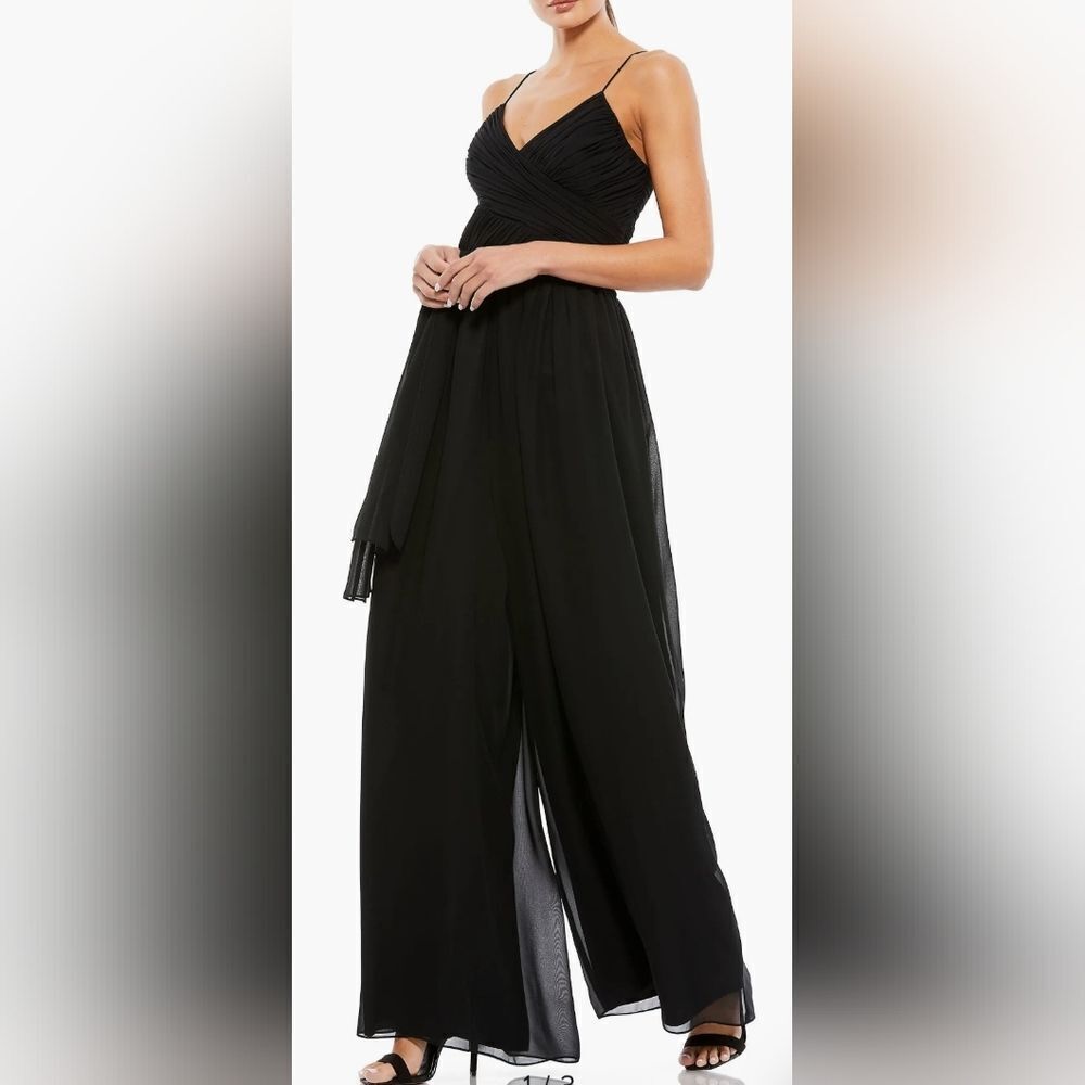 Mac Duggal 70100 Flowy Faux Wrap Jumpsuit NWT Size Large Black